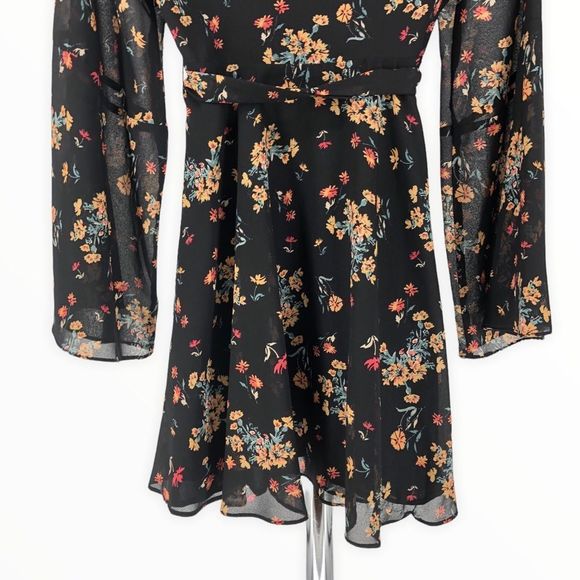 Free People Lilou Black Floral Print Mini Dress Belted Long Bell Sleeves - Picture 8 of 11